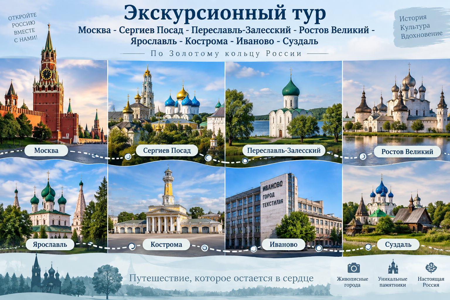 «Северо-Восточная Русь».  Москва - Сергиев Посад - Переславль-Залесский - Ростов Великий - Ярославль - Кострома - Иваново - Суздаль 3 дня | 2 ночи 